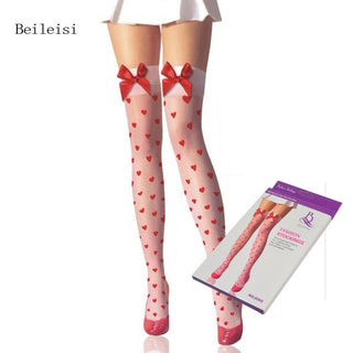 Heart-patterned thigh-high socks with red bows and packaging on a white background, featuring the brand 'Beileisi'.