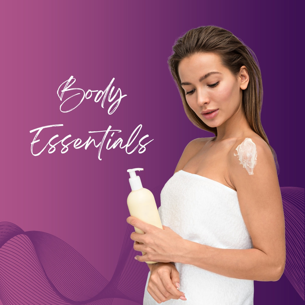 a female is holding lotion which is a body care product