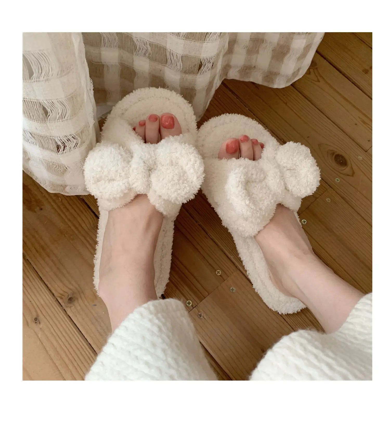 Korean Style Girls Vintage Fluffy Bow  Winter Warm Slippers