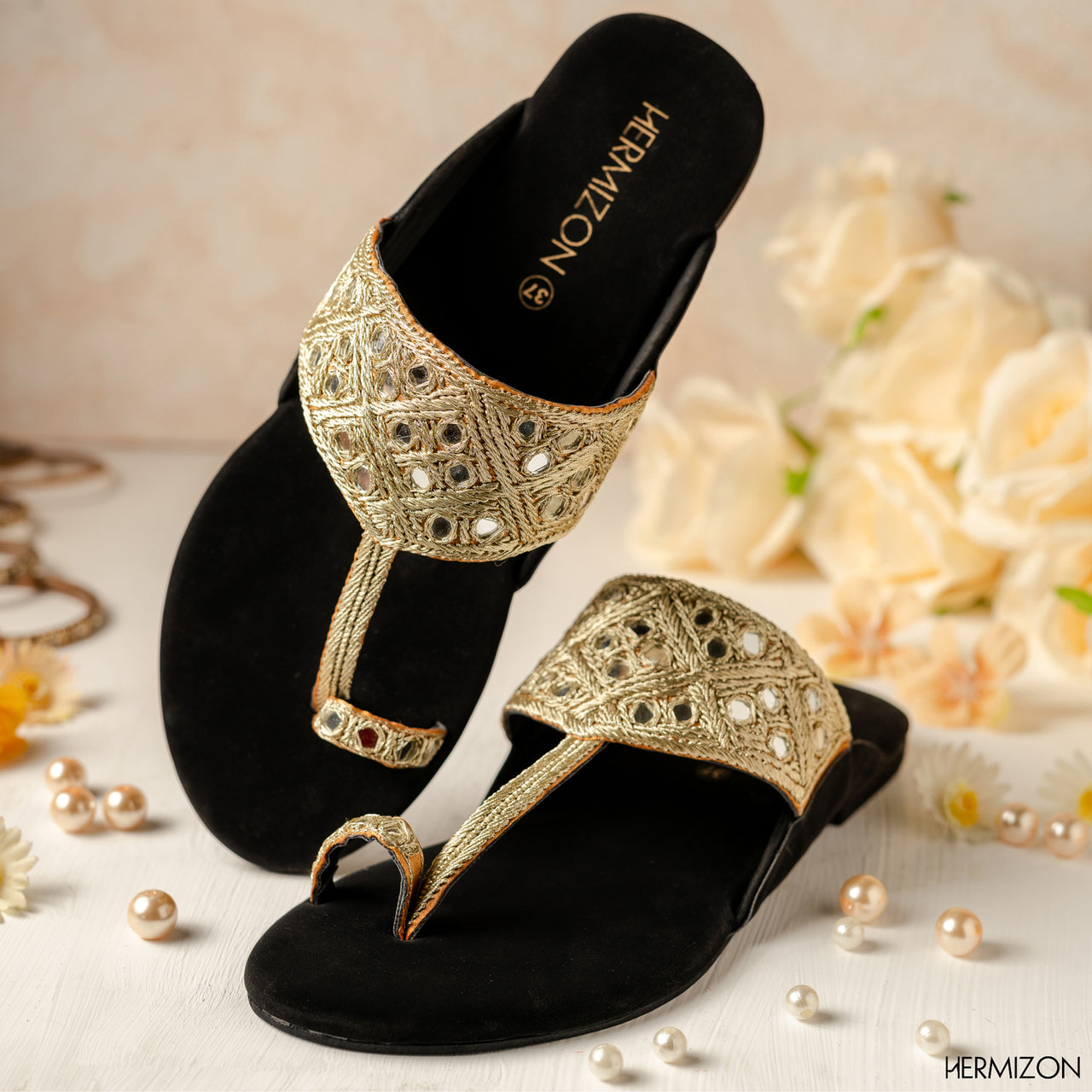Black and golden color combination flat shoe 
