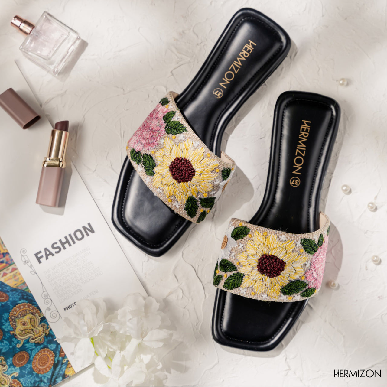 Hermizon brand black color flat sandals with yellow flower on top