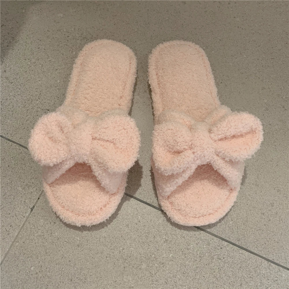 Korean Style Girls Vintage Fluffy Bow  Winter Warm Slippers