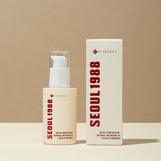 K-SECRET Seoul 1988 skincare serum bottle and packaging on a beige background