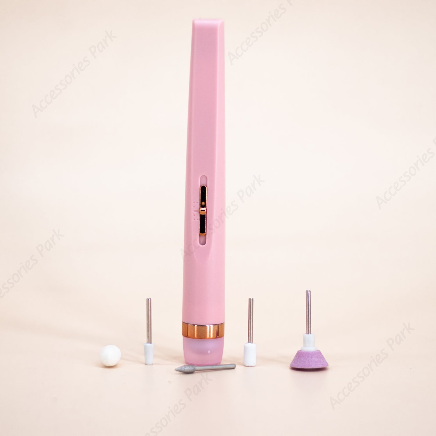 A pink color manicure device with five beads