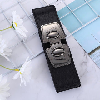 Wide Black Elastic Waist Belt with Geometric Metal Buckle