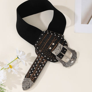 Crocodile Skin Gestured Women's Double Buckle Wide Belt