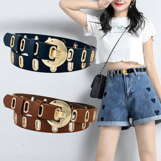 Woman wearing a belt with gold buckle, with two belt options displayed below.
