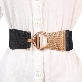 Retro Black Elastic Belt with Decorative Ring Buckle for Female