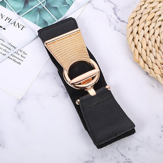 Retro Black Elastic Belt with Decorative Ring Buckle for Female