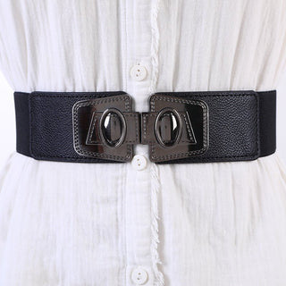 Wide Black Elastic Waist Belt with Geometric Metal Buckle