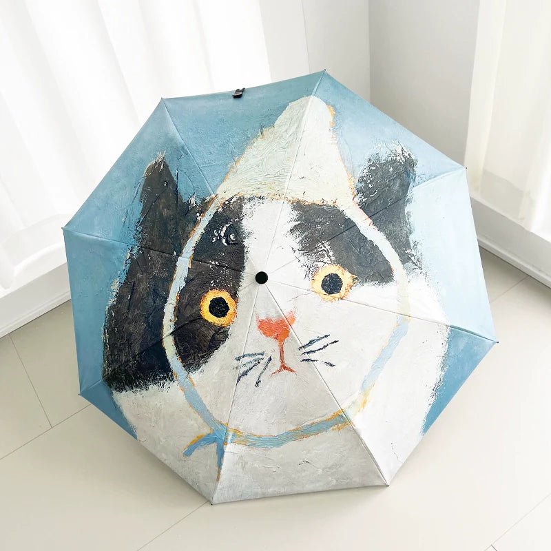 Oil painting cat folding umbrella automatic and hand open
