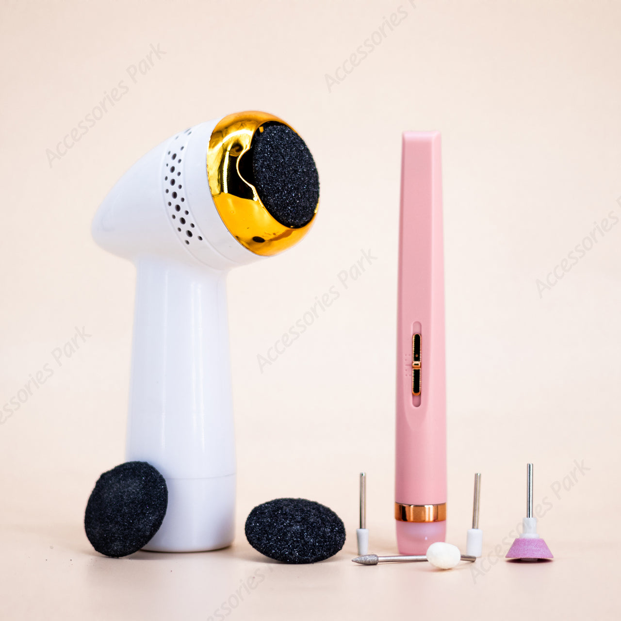 A picture of pedicure and manicure device. Pink color manicure device and white color foot filer device