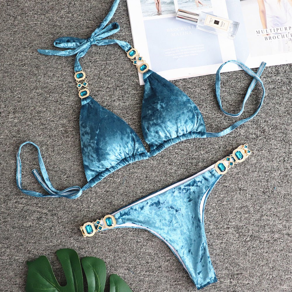 New Blue Gold Velvet Women's Split Swimsuit Crystal Diamond Bikini Set