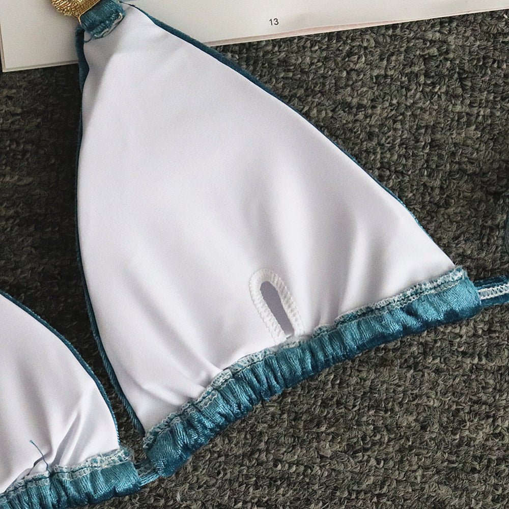 New Blue Gold Velvet Women's Split Swimsuit Crystal Diamond Bikini Set
