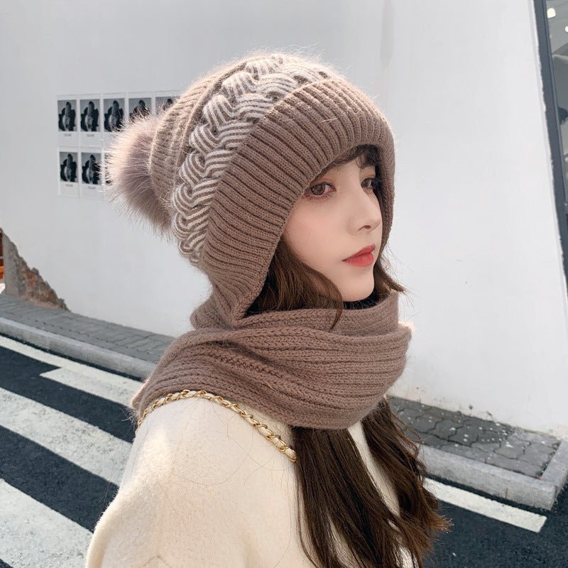 Women's Woolen Cap with Knitted Neck Scarf