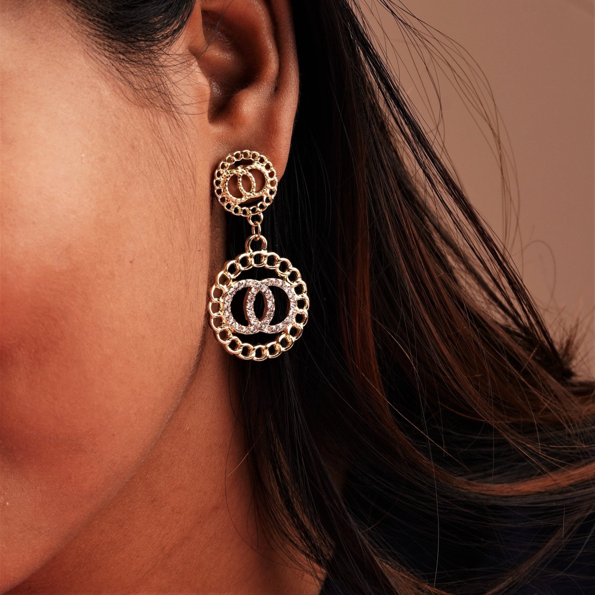 Round Shape Pearl & Stone Branded Design Earrings