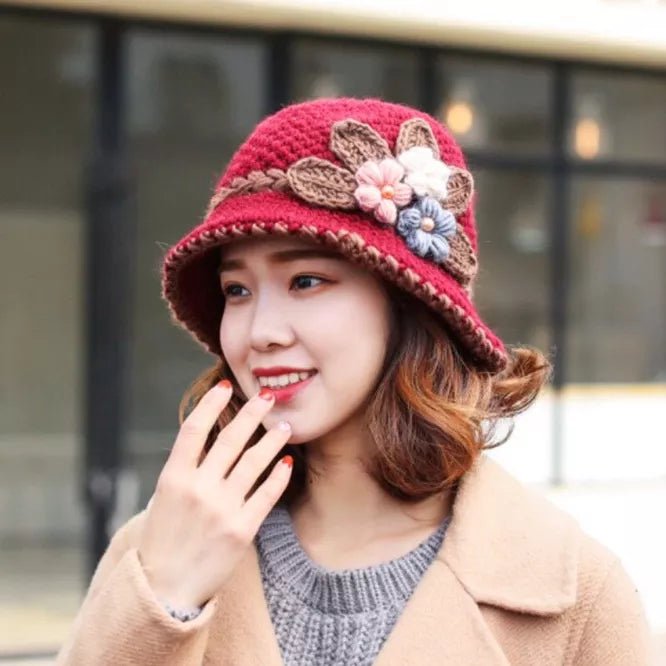 Knitted Female Three-Dimensional Flower Plush Winter Hats