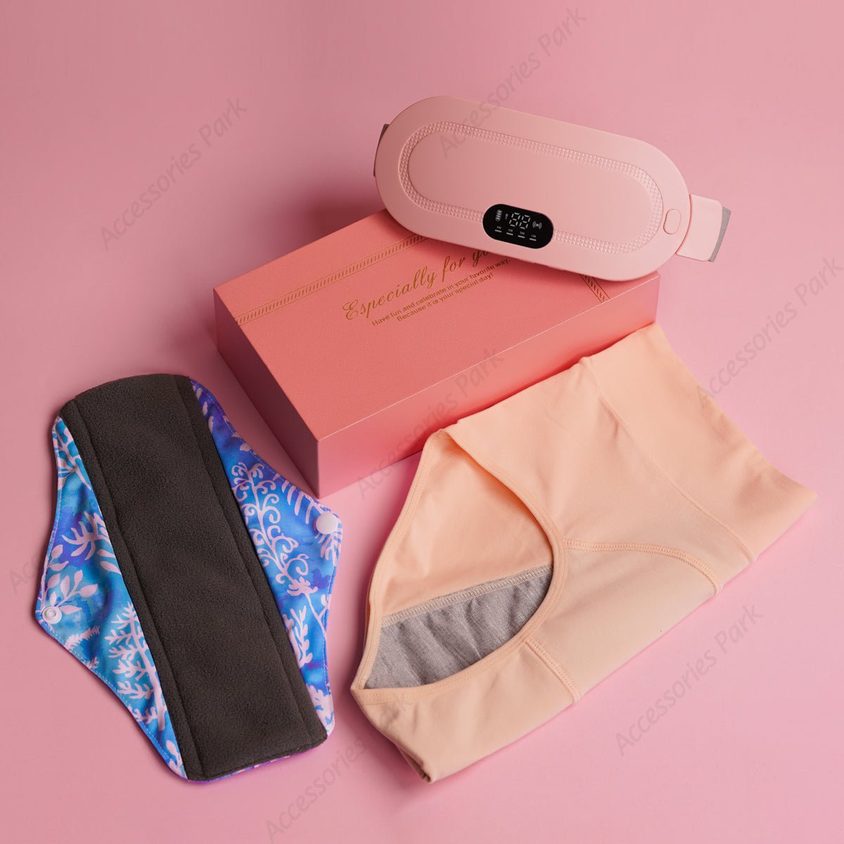 A menstrual combo pack including menstrual heating device, reusable pad and leakage proof menstrual pant.