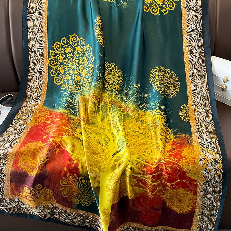 Retro Design Tropical Floral Printed Colorful Satin Silk Scarf