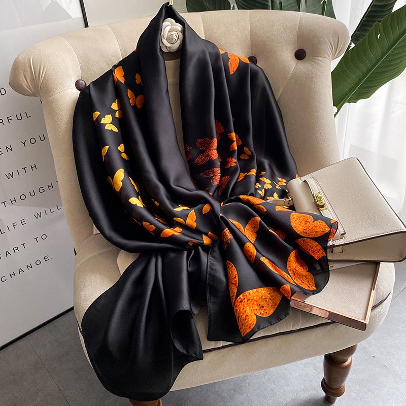 Spring and Summer, Butterfly Printed Black Satin Silk Scarf