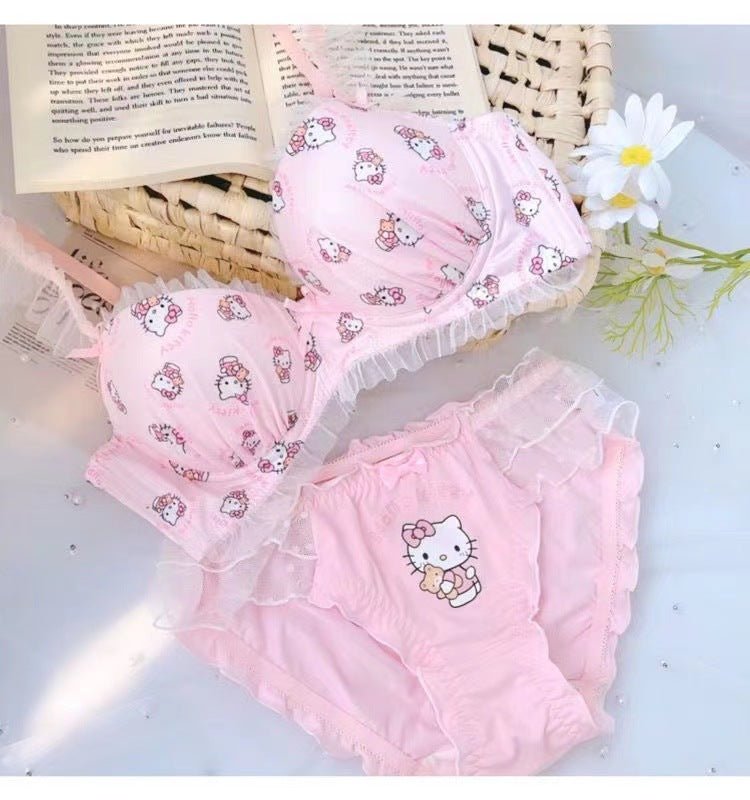 Soft Cute Hello Kitty Japanese Girl Thin Sweet Lace Anti Sagging Lingerie Set