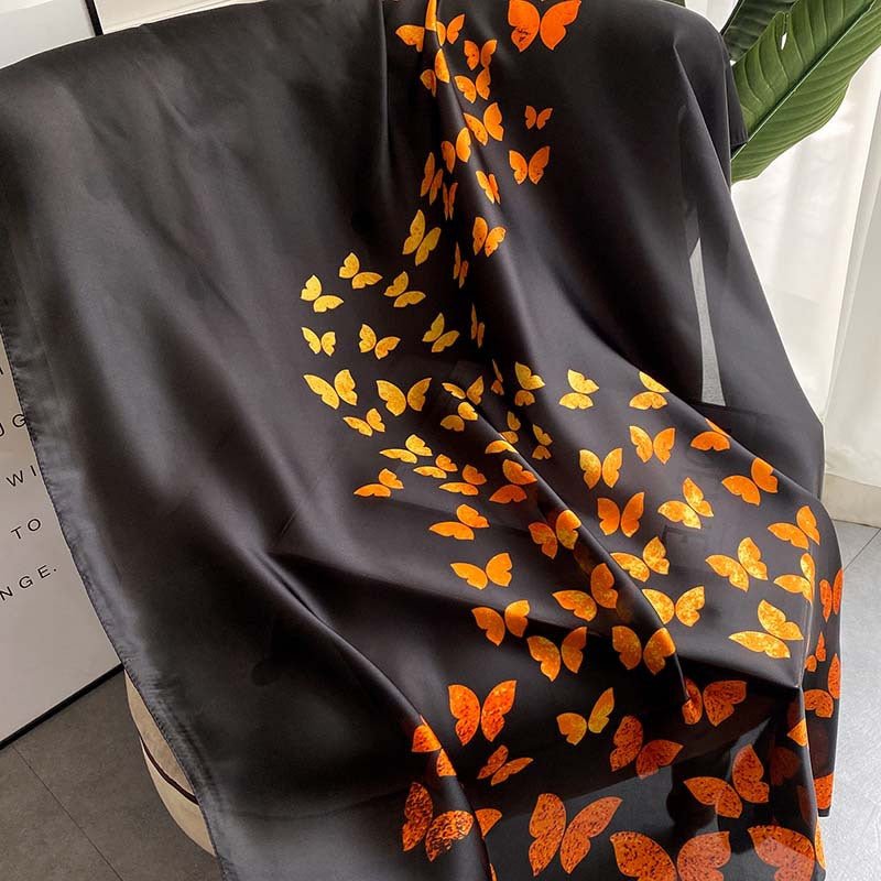 Spring and Summer, Butterfly Printed Black Satin Silk Scarf