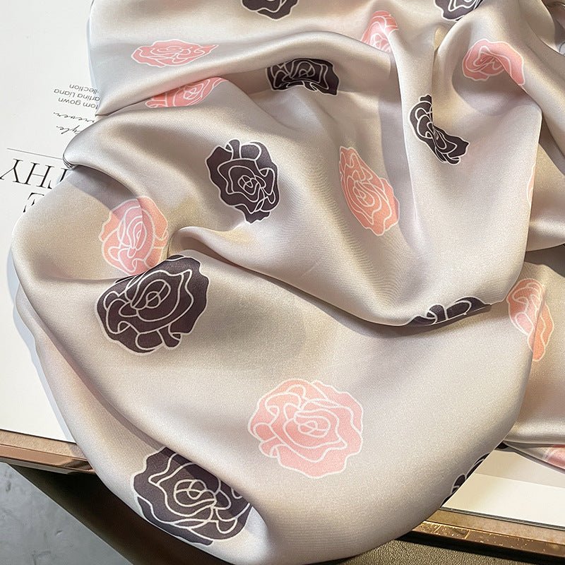 Korean Version Wild Camellia Printed Satin Silk Scarf