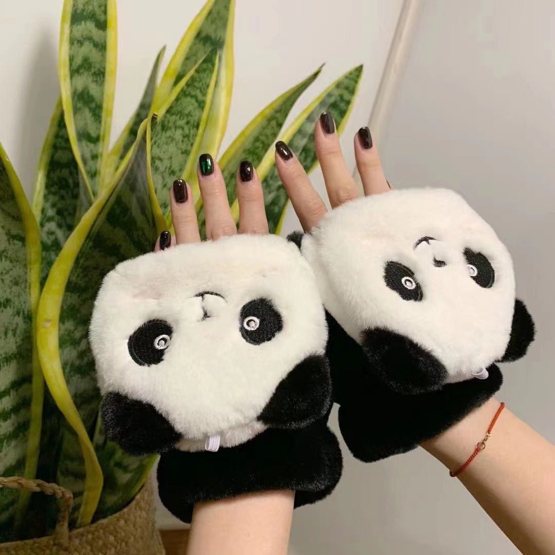 Cute Panda Plush Thick Half Finger Hand gloves