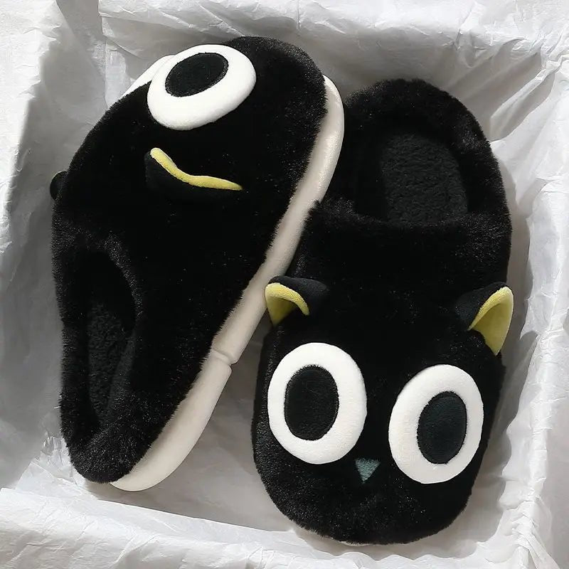 Black Kitty Thick Sole Anti Slip Indoor Cotton Slippers For Women