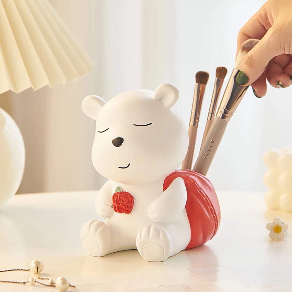 Creative White Bear Resin Animal Statue Pen Holder Makeup Brush Organizer Decor