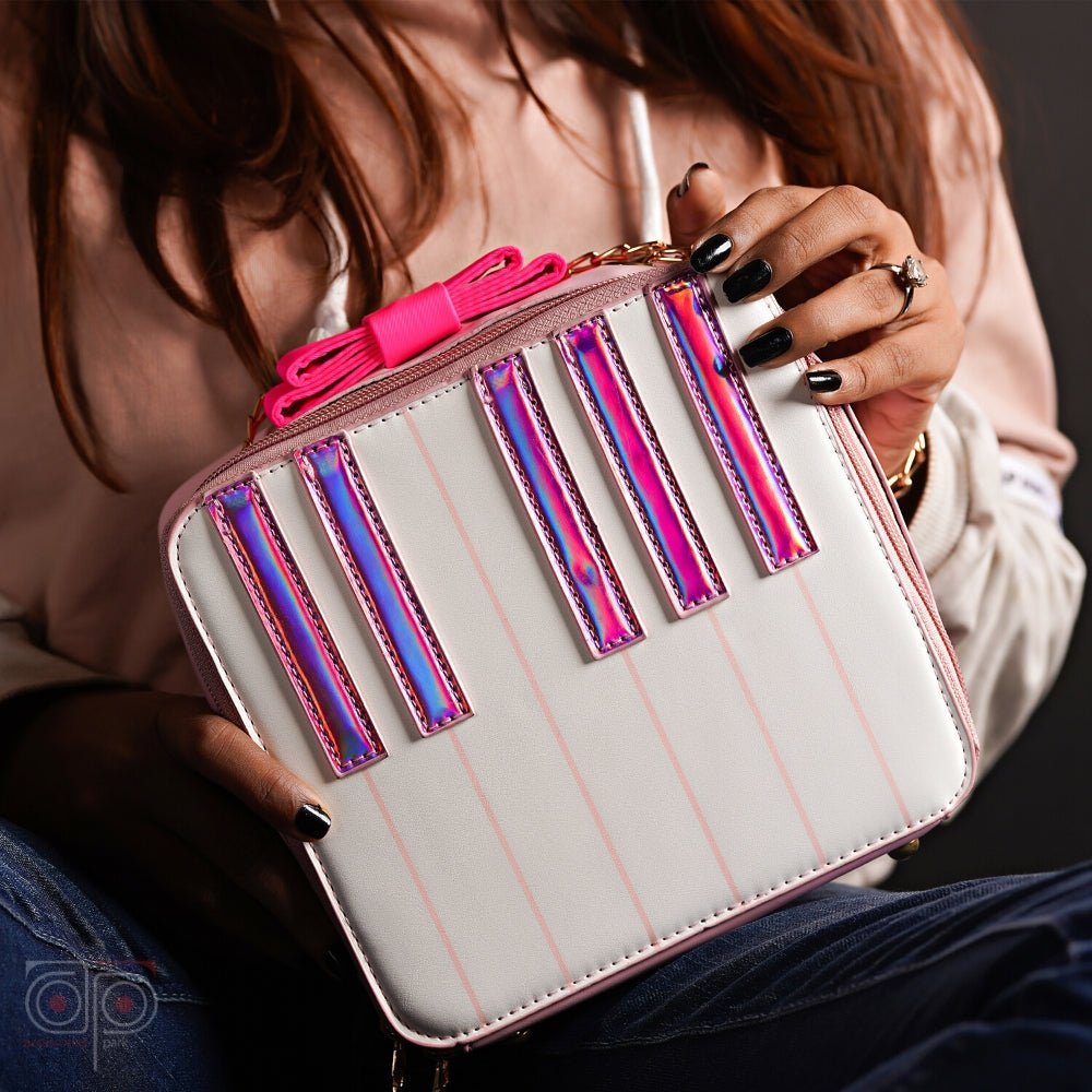 A piano design bag with pink and white color surface