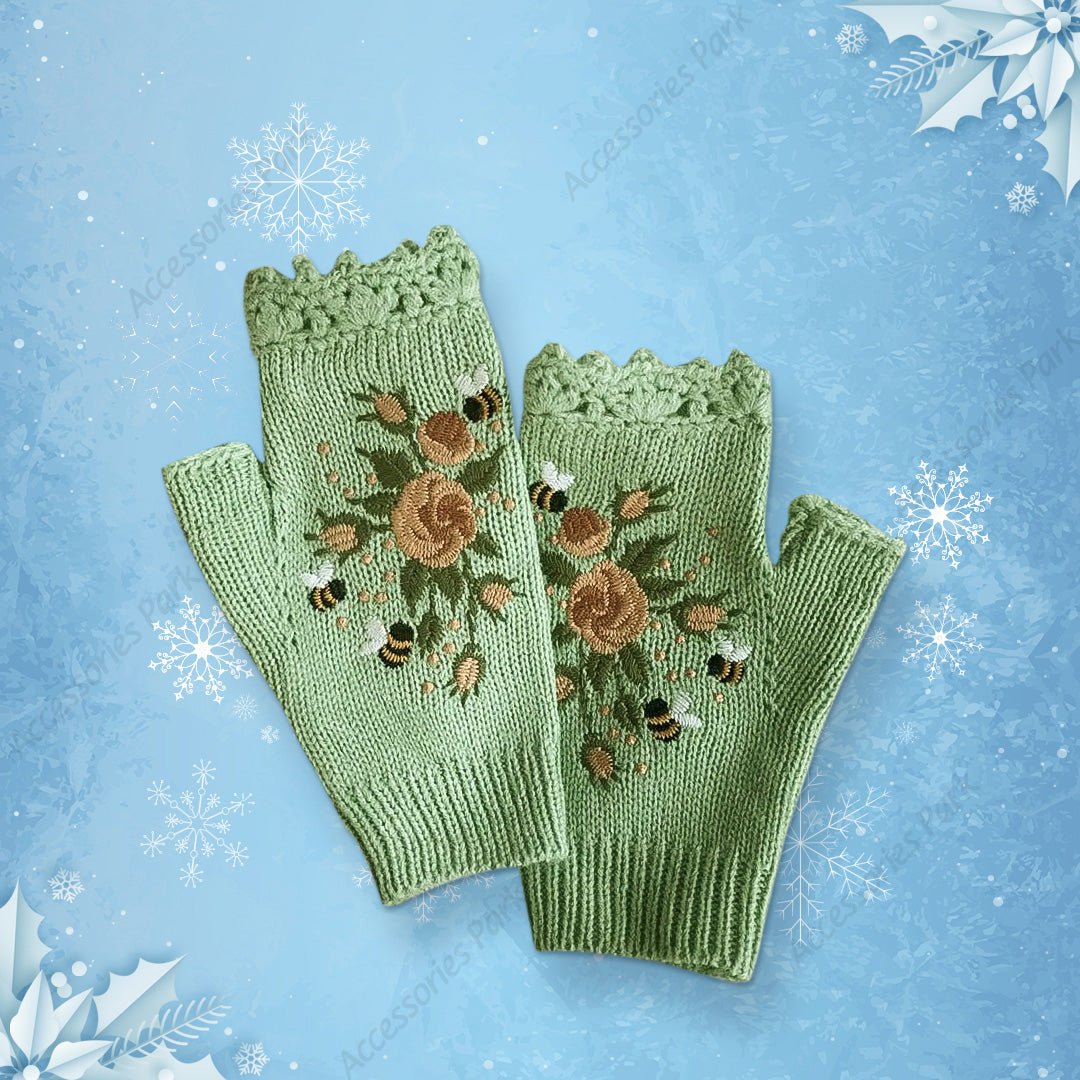 Handmade Knitted Winter Gloves With Soft Floral Crochet