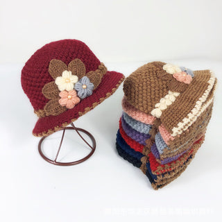 Knitted Female Three-Dimensional Flower Plush Winter Hats
