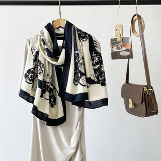 Women's Black Floral Design Luxurious Viscose Scarf