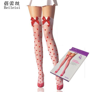 Beileisi Cute Big Red Bow Heart Print Stockings High Stockings