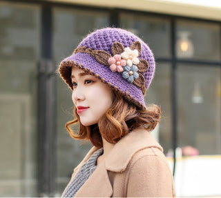 Knitted Female Three-Dimensional Flower Plush Winter Hats