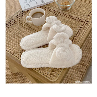 Korean Style Girls Vintage Fluffy Bow  Winter Warm Slippers