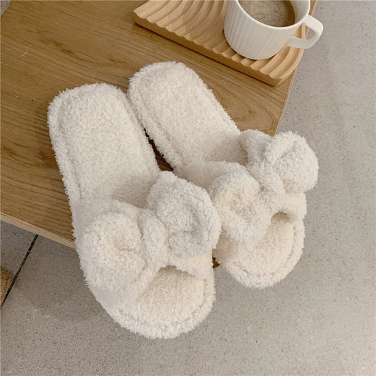 Korean Style Girls Vintage Fluffy Bow  Winter Warm Slippers