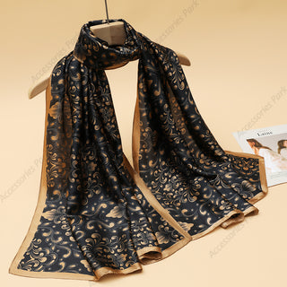 Black & Gilded Elegant Floral Design Satin Silk Scarf