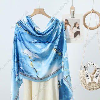 Sky Blue Oil Pain Design Printed Women's Satin Silk Scarf