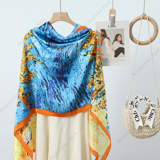 Beautiful Oil Painted Colorful Satin Silk Scarf for Women