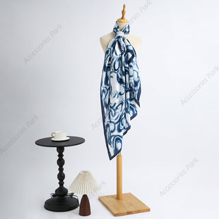 Aqua Blue Oil Painted Design Beautiful Wave Satin Silk Scarf