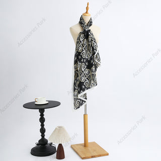 Gorgeous Black Floral Paisley Pattern Printed Satin Silk Scarf