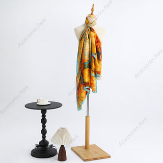 Colorful Oil Painted Design Printed Satin Silk Scarf for Women