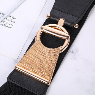 Retro Black Elastic Belt with Decorative Ring Buckle for Female