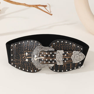 Crocodile Skin Gestured Women's Double Buckle Wide Belt