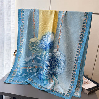 Luxurious Blue Floral Design Printed Satin Silk Scarf