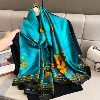 Aqua Floral Printed Luxury Satin Silk Scarf for Women