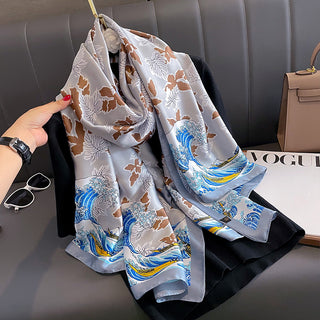 Beautiful Sea Wave & Floral pattern printed Satin Silk Scarf