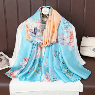 Floral patterned scarf draped over a chair with a brown background